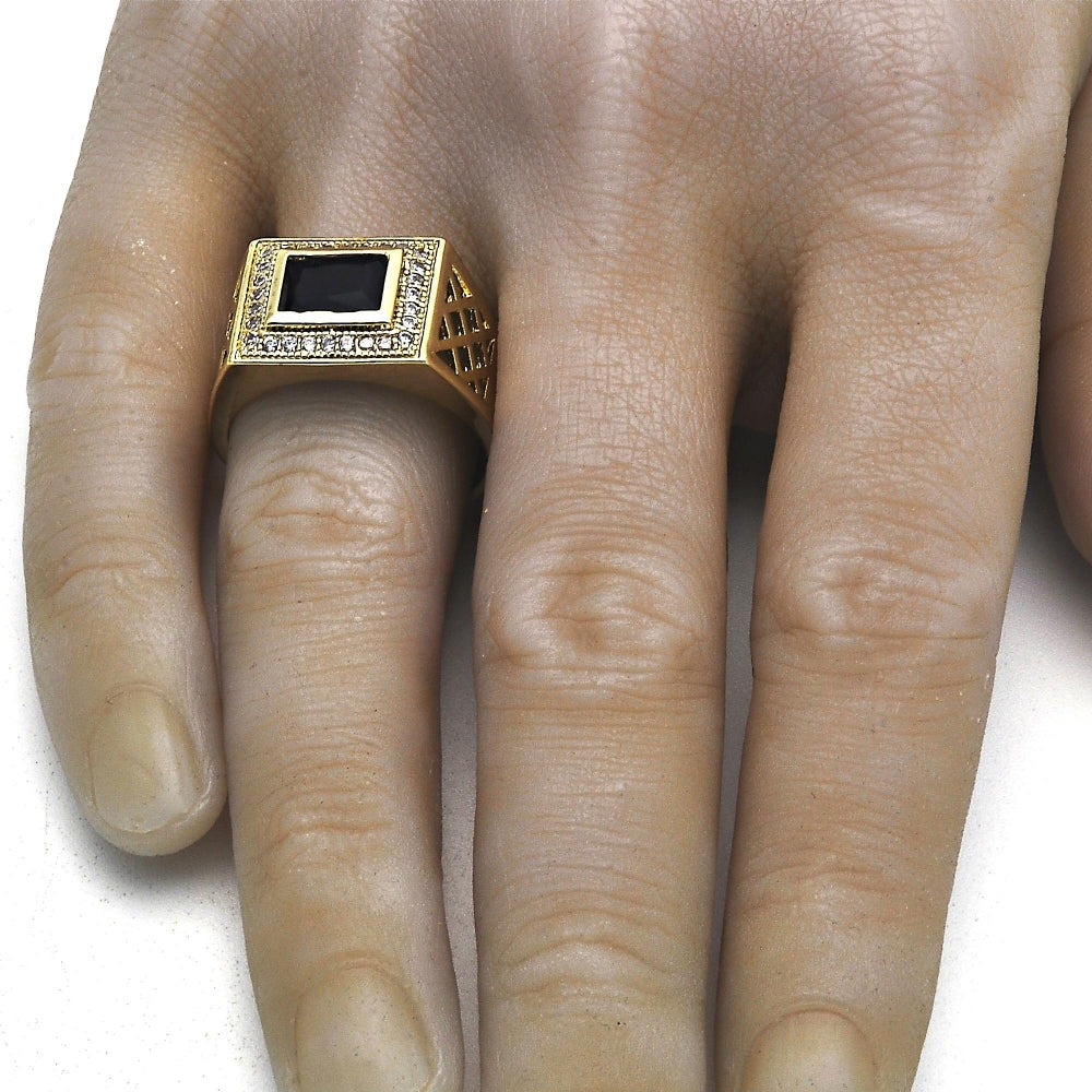 Oro Laminado Mens Ring, Gold Filled Style with Sapphire Blue Cubic Zirconia and White Micro Pave, Polished, Golden Finish