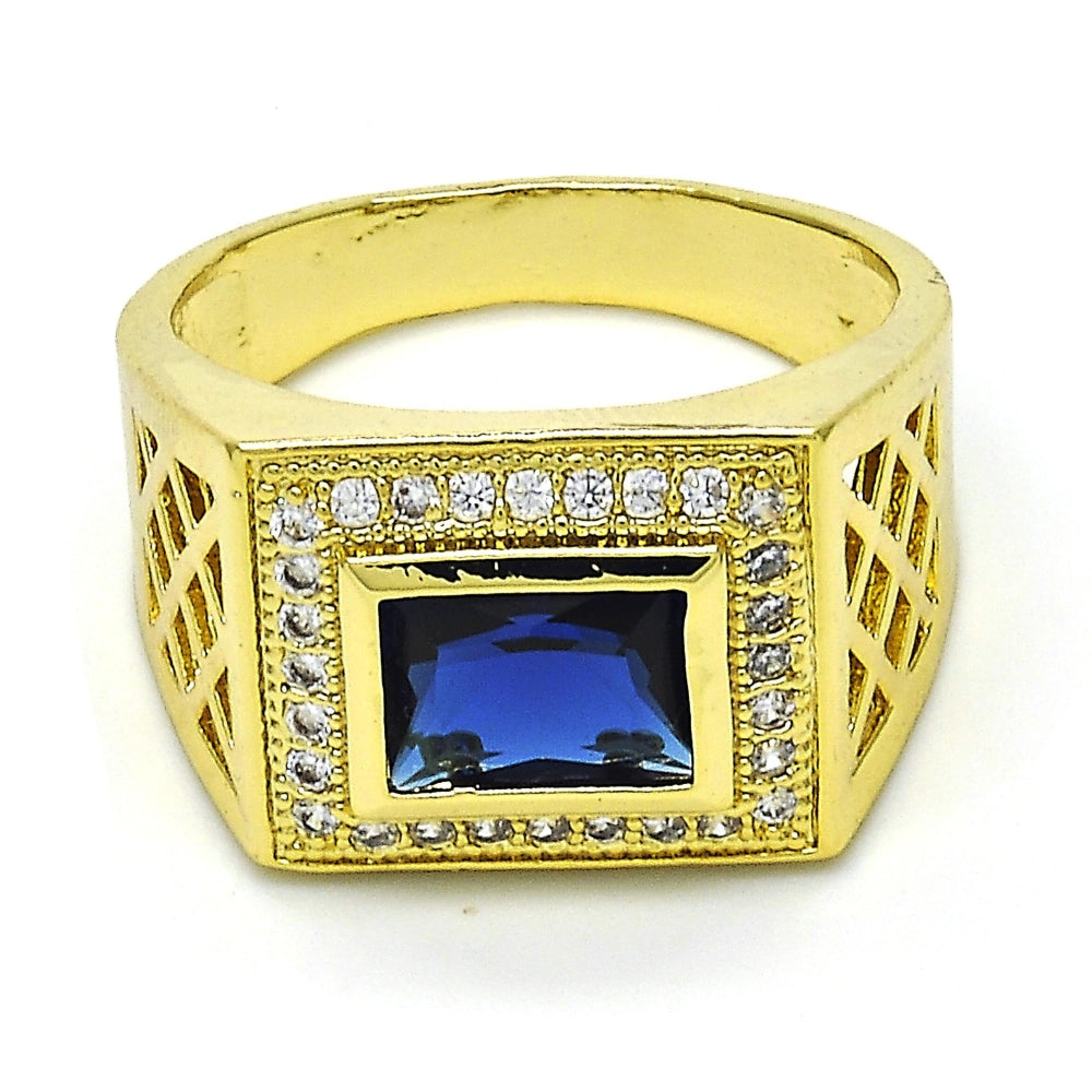 Oro Laminado Mens Ring, Gold Filled Style with Sapphire Blue Cubic Zirconia and White Micro Pave, Polished, Golden Finish