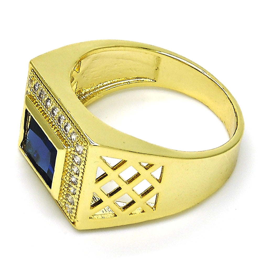 Oro Laminado Mens Ring, Gold Filled Style with Sapphire Blue Cubic Zirconia and White Micro Pave, Polished, Golden Finish