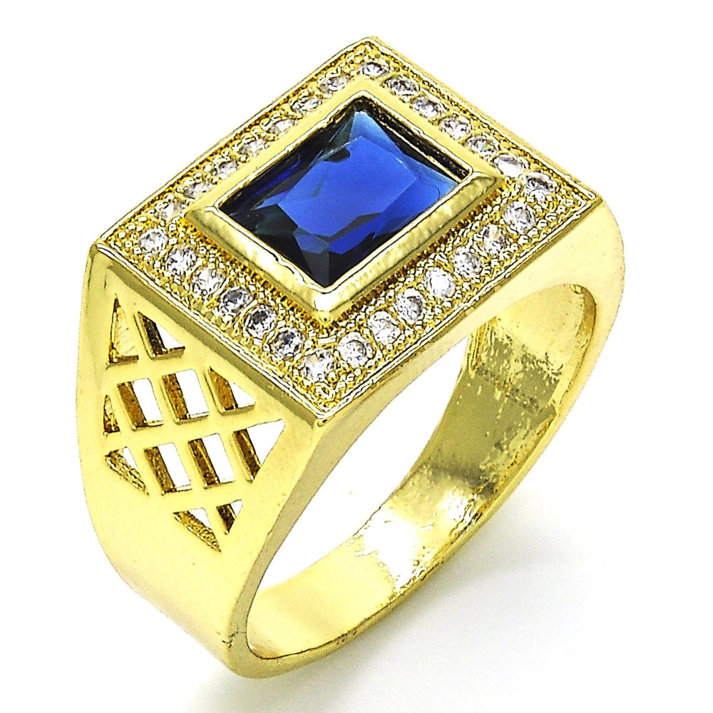 Oro Laminado Mens Ring, Gold Filled Style with Sapphire Blue Cubic Zirconia and White Micro Pave, Polished, Golden Finish