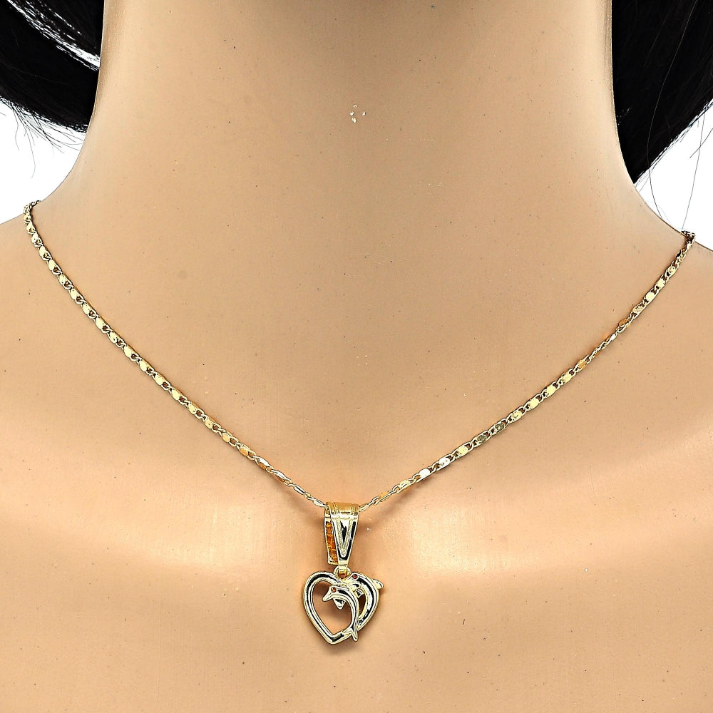 Oro Laminado Fancy Pendant, Gold Filled Style Heart and Dolphin Design, with Garnet Cubic Zirconia, Polished, Golden Finish