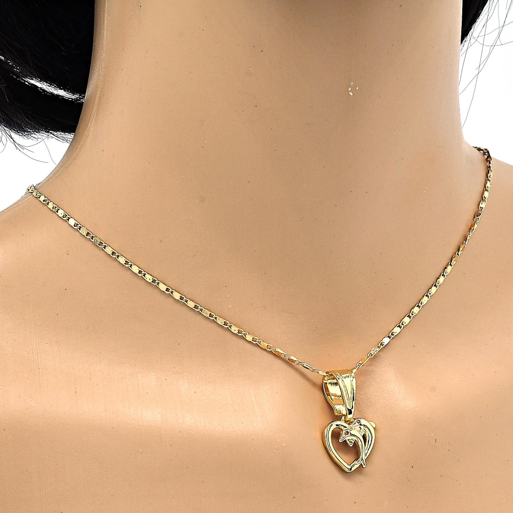 Oro Laminado Fancy Pendant, Gold Filled Style Heart and Dolphin Design, with Garnet Cubic Zirconia, Polished, Golden Finish