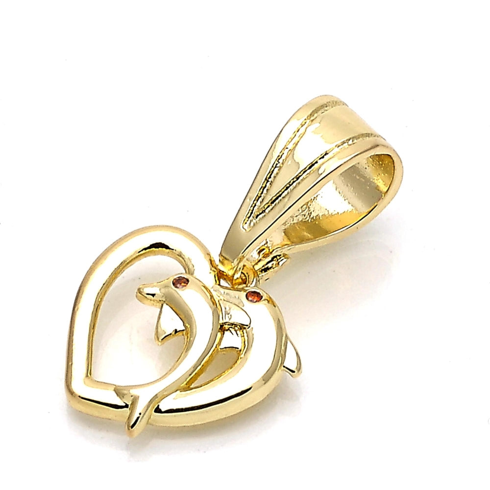 Oro Laminado Fancy Pendant, Gold Filled Style Heart and Dolphin Design, with Garnet Cubic Zirconia, Polished, Golden Finish