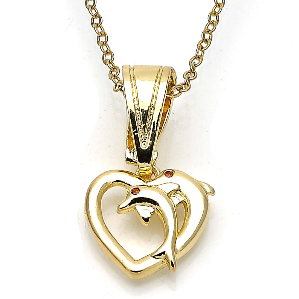 Oro Laminado Fancy Pendant, Gold Filled Style Heart and Dolphin Design, with Garnet Cubic Zirconia, Polished, Golden Finish
