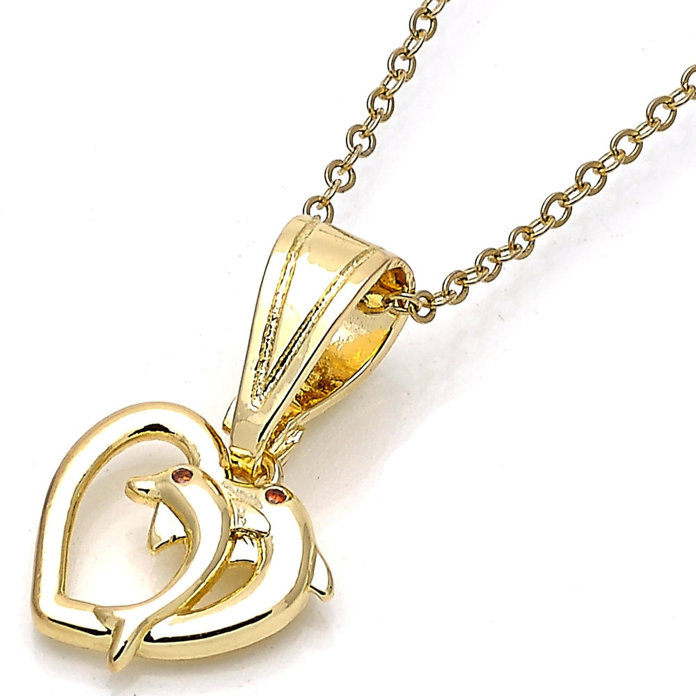 Oro Laminado Fancy Pendant, Gold Filled Style Heart and Dolphin Design, with Garnet Cubic Zirconia, Polished, Golden Finish