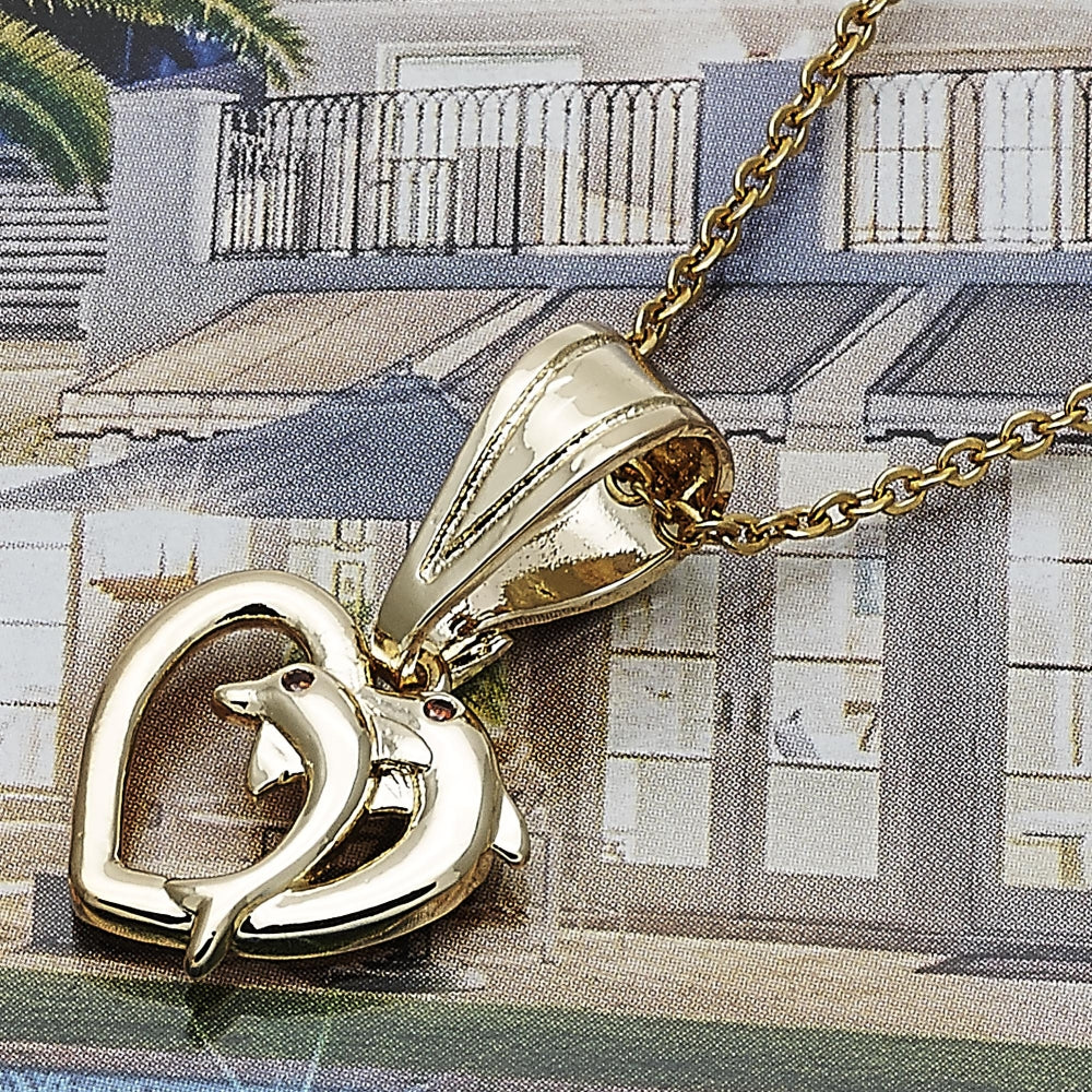 Oro Laminado Fancy Pendant, Gold Filled Style Heart and Dolphin Design, with Garnet Cubic Zirconia, Polished, Golden Finish