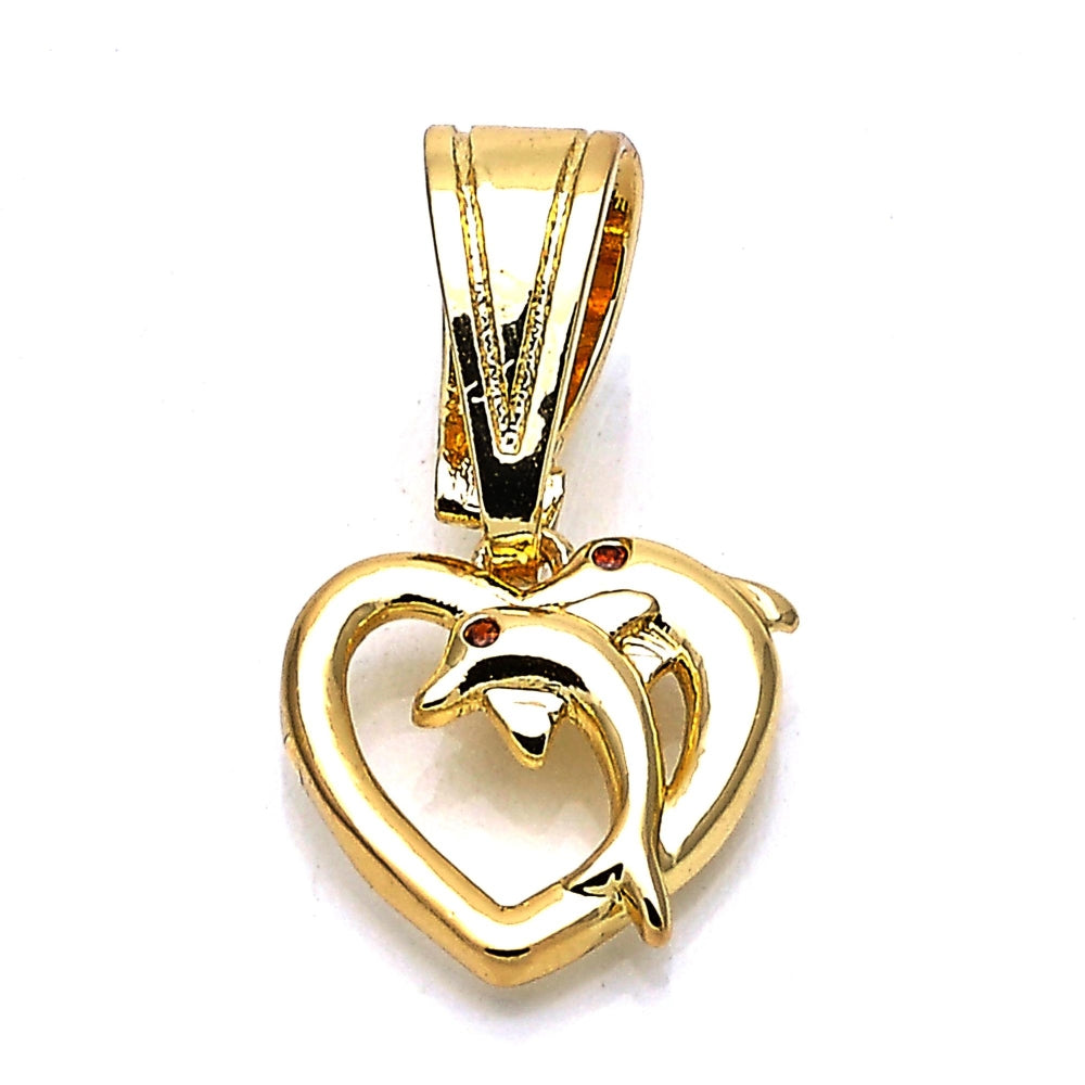 Oro Laminado Fancy Pendant, Gold Filled Style Heart and Dolphin Design, with Garnet Cubic Zirconia, Polished, Golden Finish