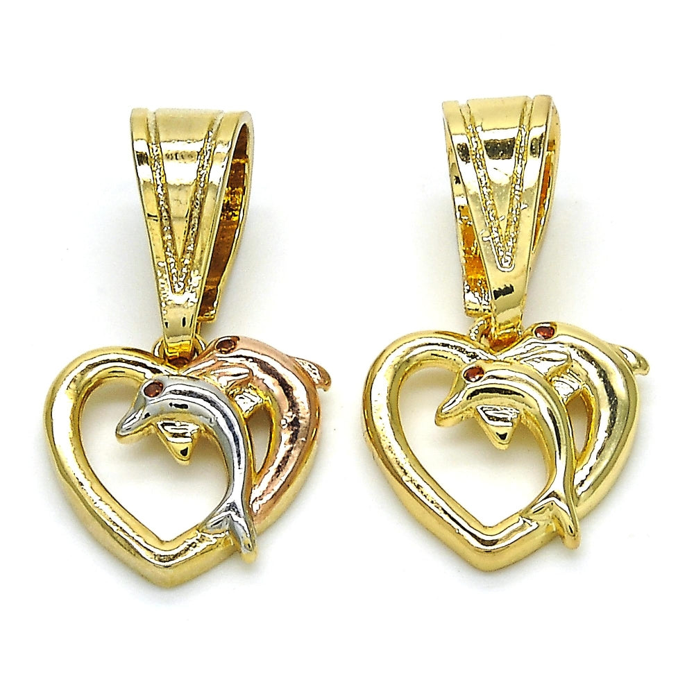 Oro Laminado Fancy Pendant, Gold Filled Style Heart and Dolphin Design, with Garnet Cubic Zirconia, Polished, Golden Finish