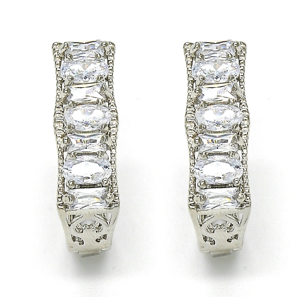 Rhodium Gold Filled Huggie Hoop, Baguette Design, with White Cubic Zirconia, Polished, Rhodium Finish
