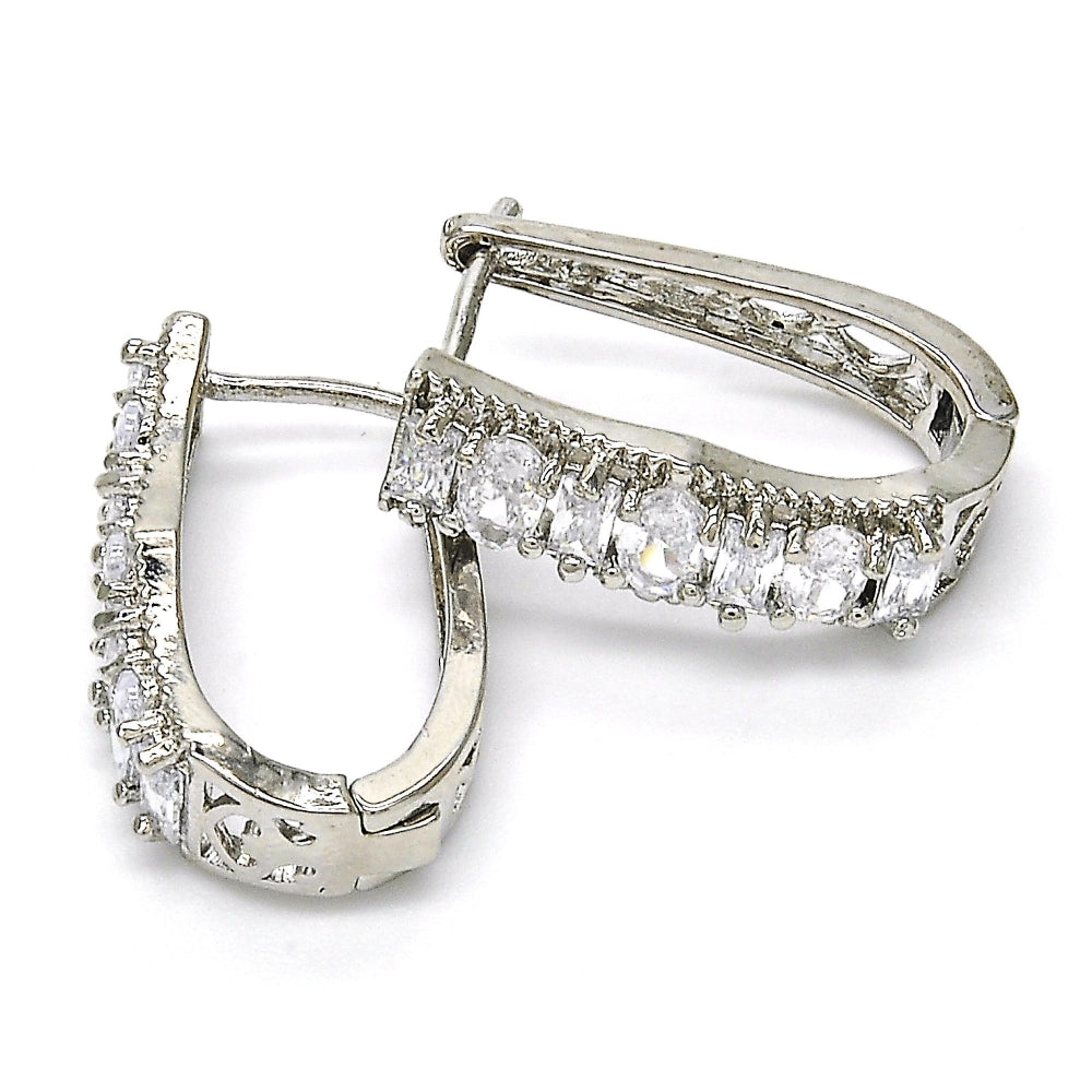 Rhodium Gold Filled Huggie Hoop, Baguette Design, with White Cubic Zirconia, Polished, Rhodium Finish