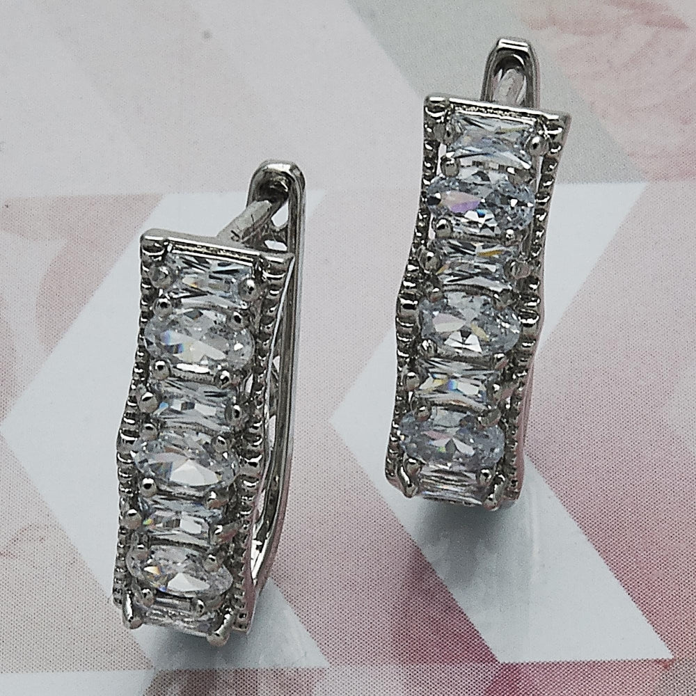 Rhodium Gold Filled Huggie Hoop, Baguette Design, with White Cubic Zirconia, Polished, Rhodium Finish