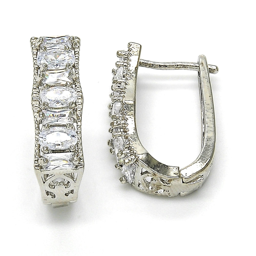 Rhodium Gold Filled Huggie Hoop, Baguette Design, with White Cubic Zirconia, Polished, Rhodium Finish