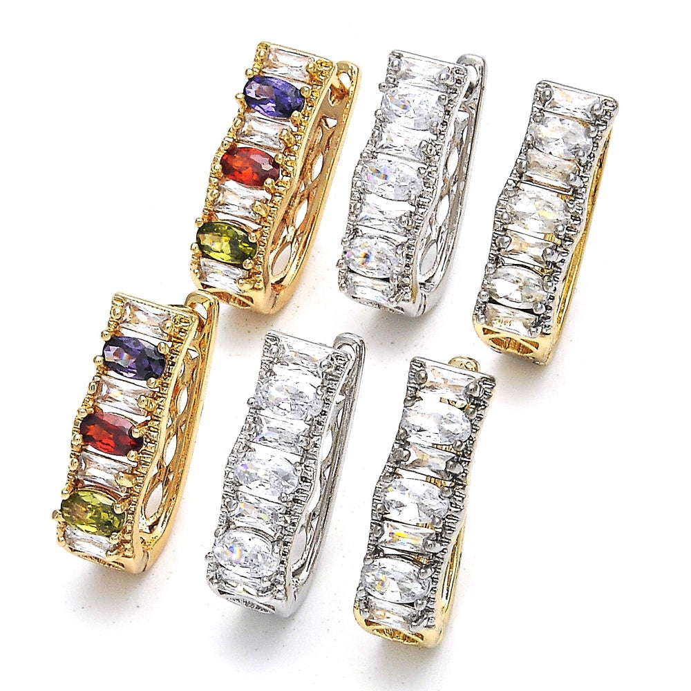Rhodium Gold Filled Huggie Hoop, Baguette Design, with White Cubic Zirconia, Polished, Rhodium Finish