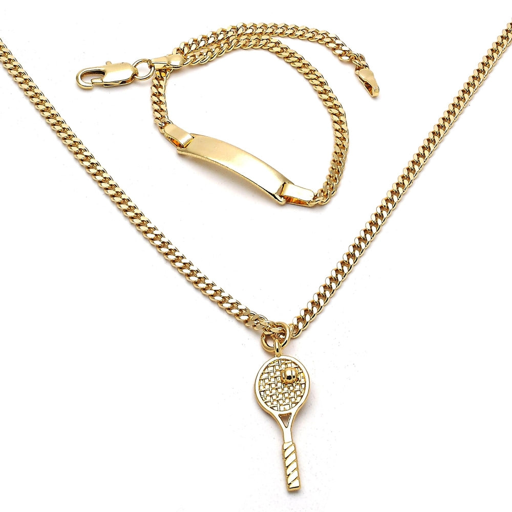 Oro Laminado Earring and Pendant Children Set, Gold Filled Style Miami Cuban Design, Polished, Golden Finish