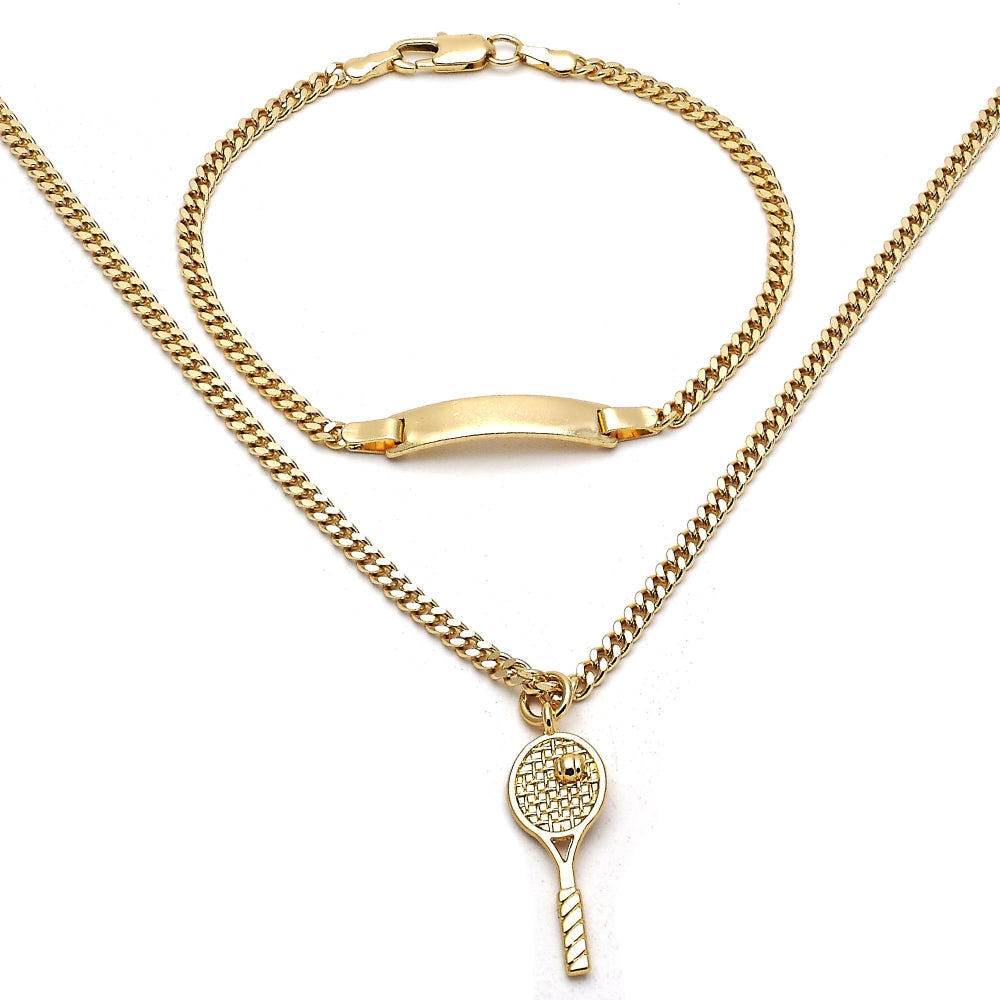 Oro Laminado Earring and Pendant Children Set, Gold Filled Style Miami Cuban Design, Polished, Golden Finish