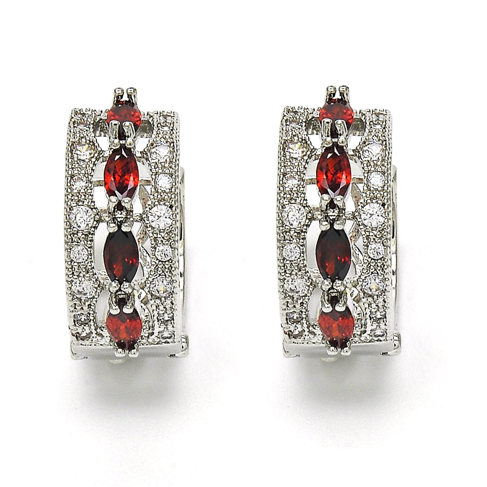 Rhodium Gold Filled Huggie Hoop, with Garnet and White Cubic Zirconia, Polished, Rhodium Finish