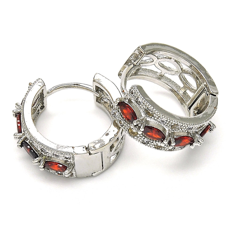 Rhodium Gold Filled Huggie Hoop, with Garnet and White Cubic Zirconia, Polished, Rhodium Finish