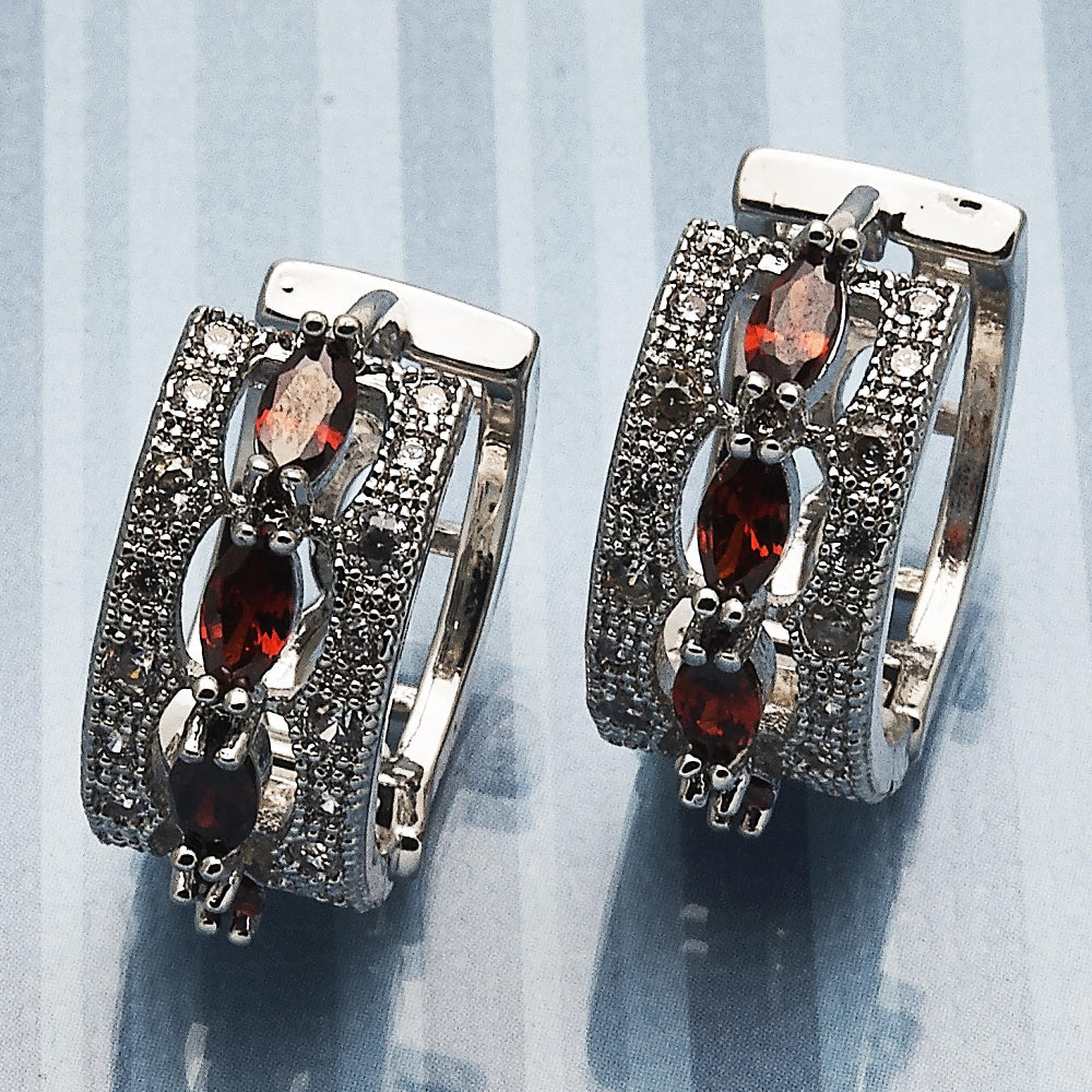 Rhodium Gold Filled Huggie Hoop, with Garnet and White Cubic Zirconia, Polished, Rhodium Finish