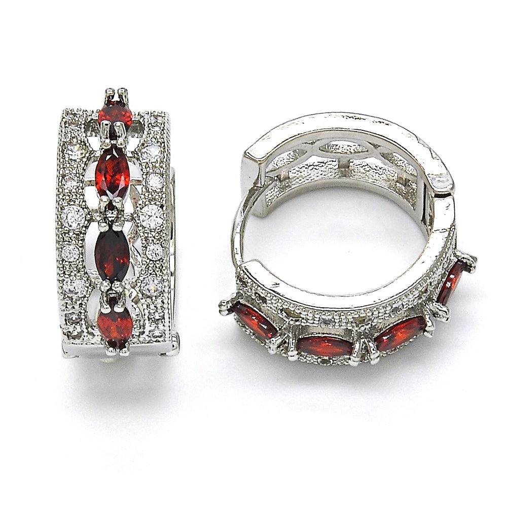 Rhodium Gold Filled Huggie Hoop, with Garnet and White Cubic Zirconia, Polished, Rhodium Finish