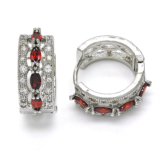 Rhodium Gold Filled Huggie Hoop, with Garnet and White Cubic Zirconia, Polished, Rhodium Finish