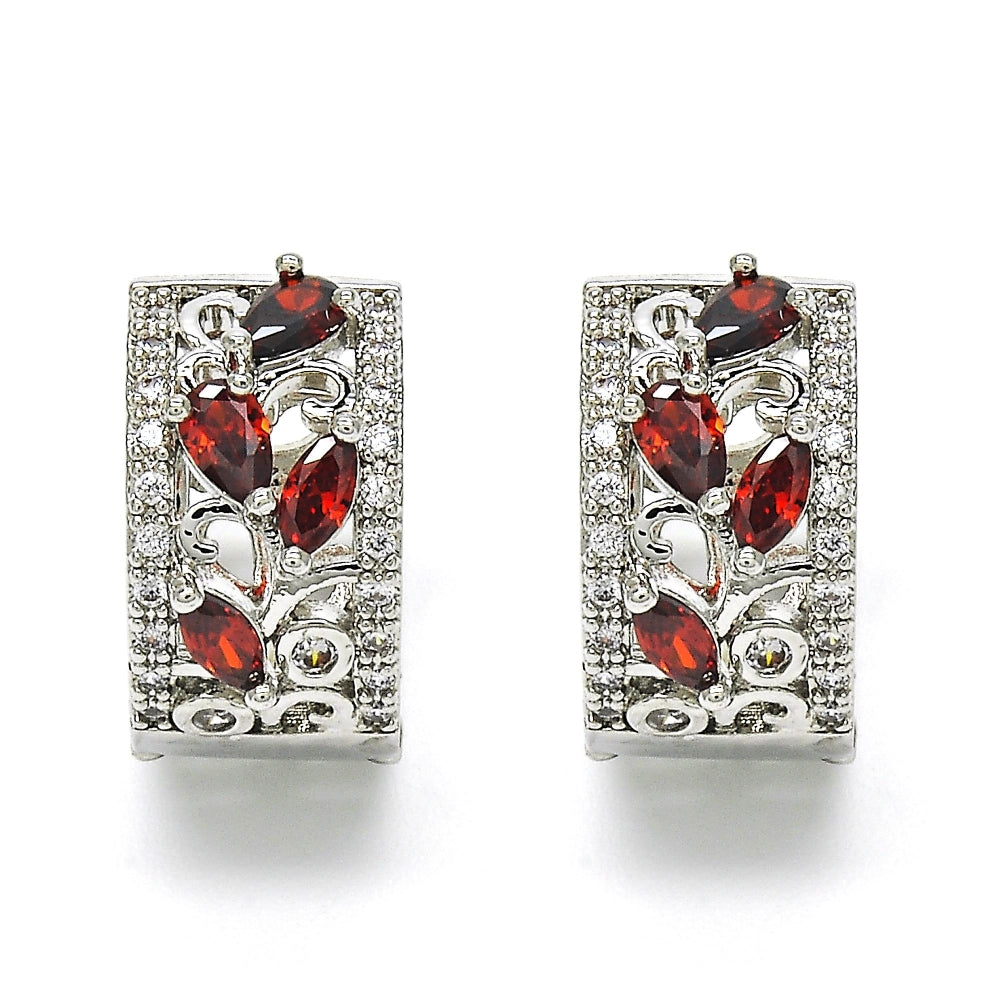 Rhodium Gold Filled Huggie Hoop, Teardrop and Leaf Design, with Garnet and White Cubic Zirconia, Polished, Rhodium Finish