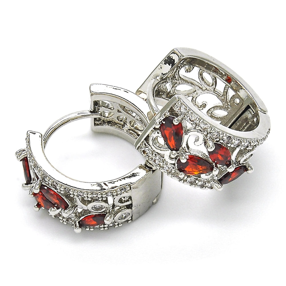 Rhodium Gold Filled Huggie Hoop, Teardrop and Leaf Design, with Garnet and White Cubic Zirconia, Polished, Rhodium Finish