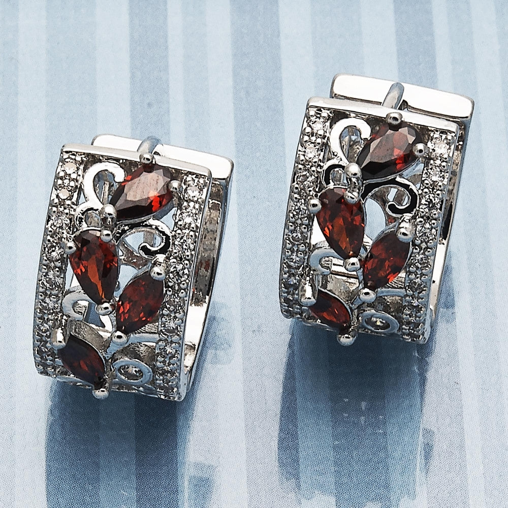 Rhodium Gold Filled Huggie Hoop, Teardrop and Leaf Design, with Garnet and White Cubic Zirconia, Polished, Rhodium Finish