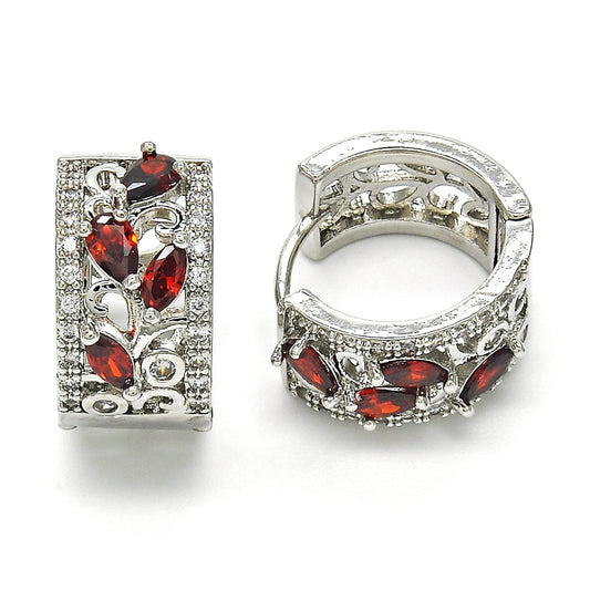 Rhodium Gold Filled Huggie Hoop, Teardrop and Leaf Design, with Garnet and White Cubic Zirconia, Polished, Rhodium Finish