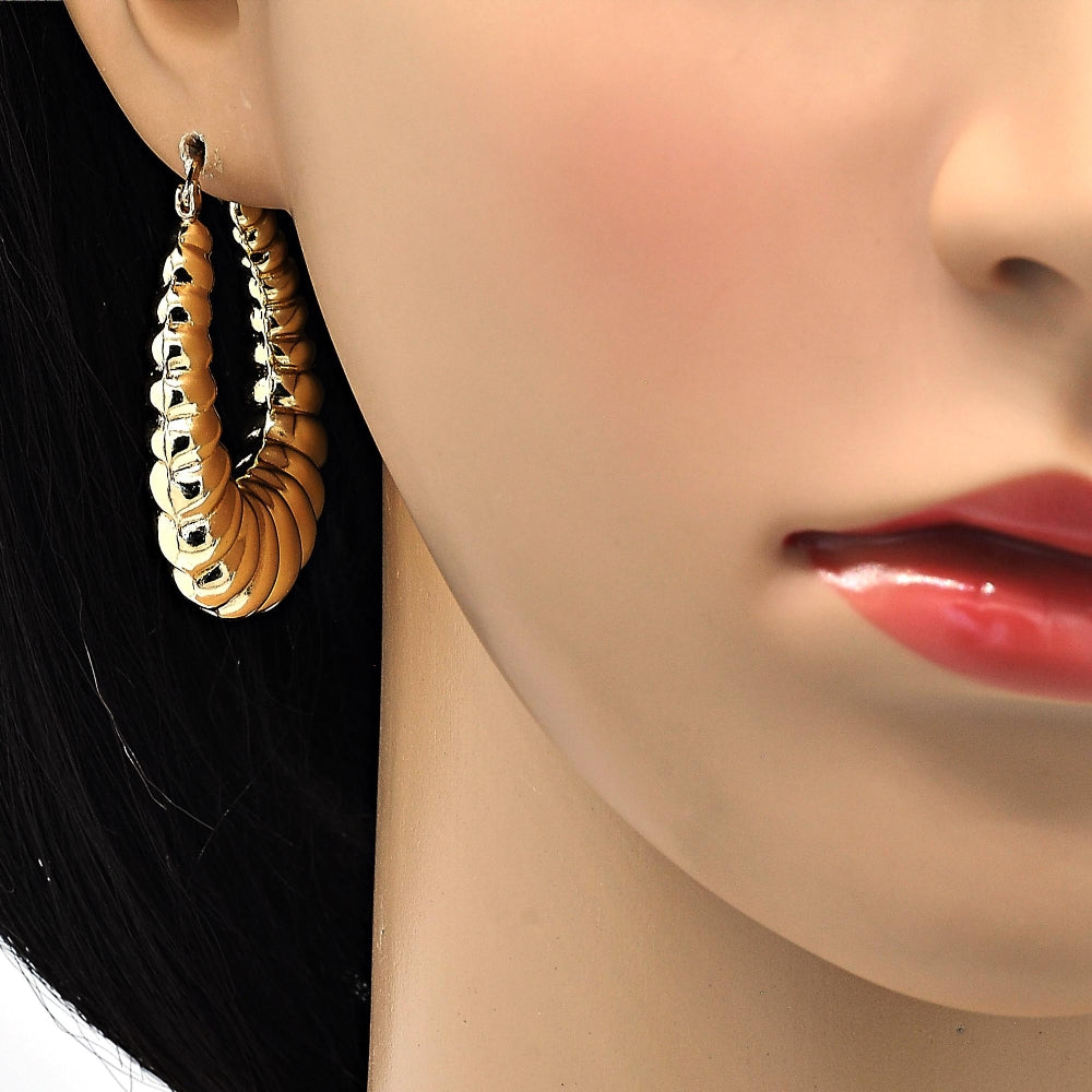 Oro Laminado Medium Hoop, Gold Filled Style Bamboo and Hollow Design, Polished, Golden Finish