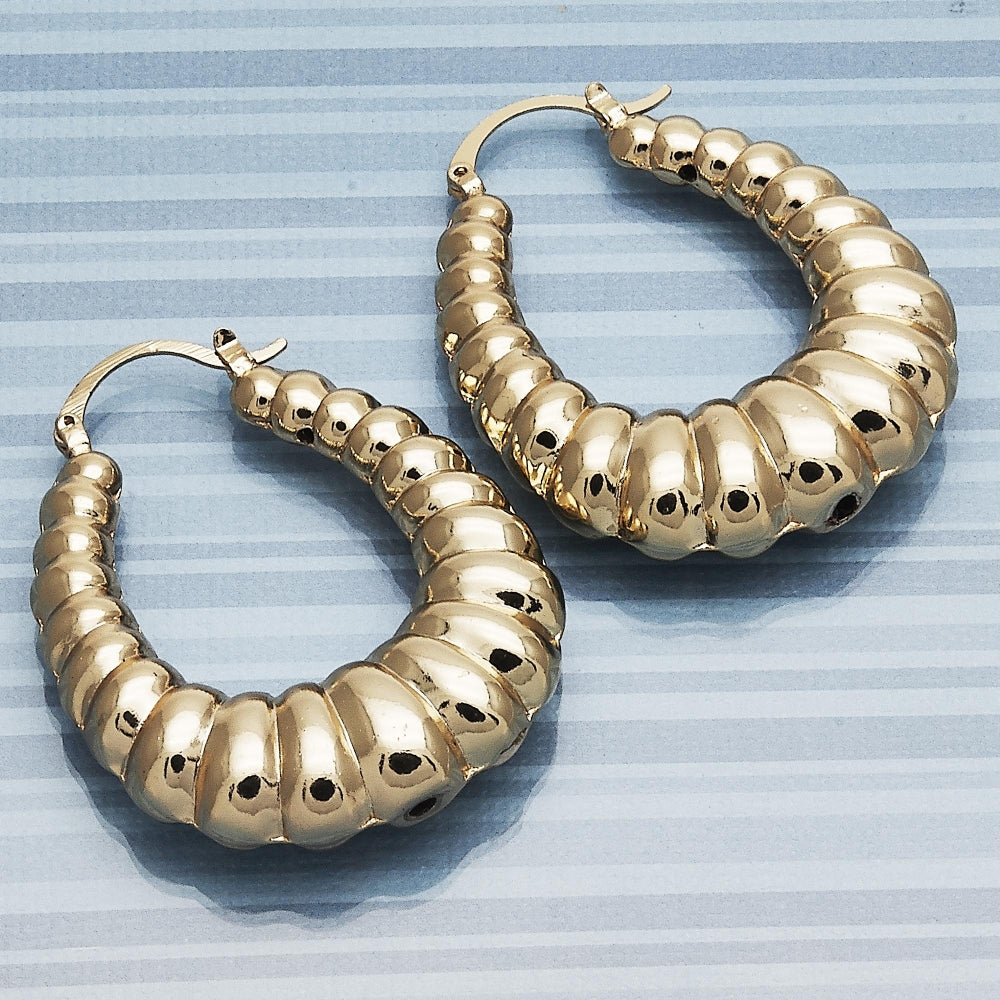 Oro Laminado Medium Hoop, Gold Filled Style Bamboo and Hollow Design, Polished, Golden Finish