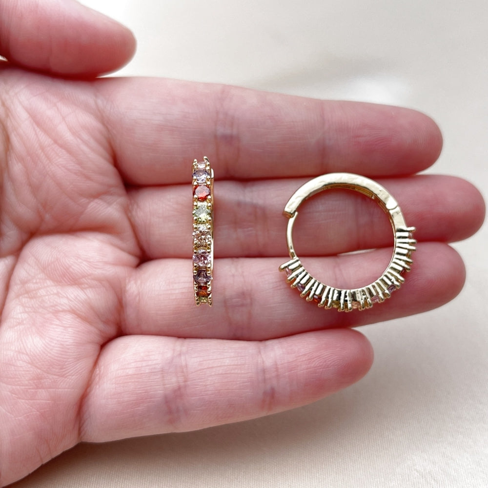 Oro Laminado Huggie Hoop, Gold Filled Style with Multicolor Cubic Zirconia, Polished, Golden Finish