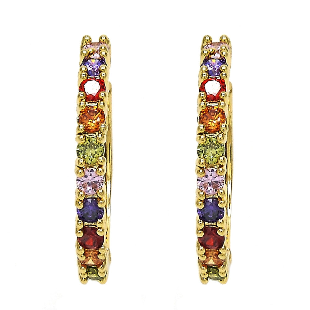 Oro Laminado Huggie Hoop, Gold Filled Style with Multicolor Cubic Zirconia, Polished, Golden Finish