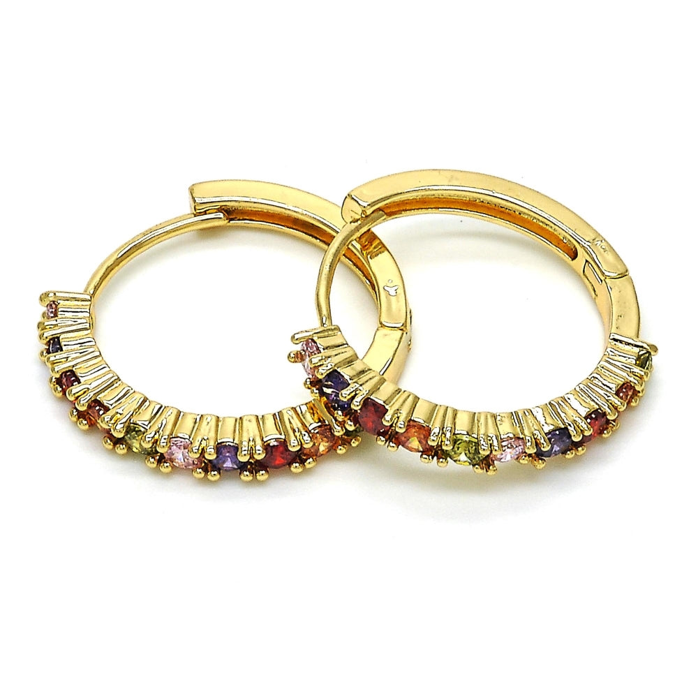 Oro Laminado Huggie Hoop, Gold Filled Style with Multicolor Cubic Zirconia, Polished, Golden Finish