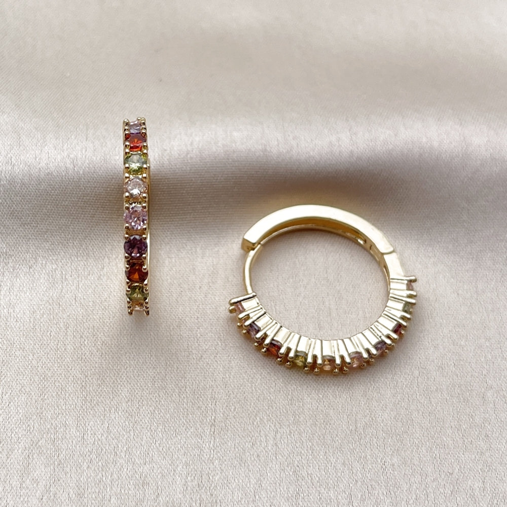 Oro Laminado Huggie Hoop, Gold Filled Style with Multicolor Cubic Zirconia, Polished, Golden Finish