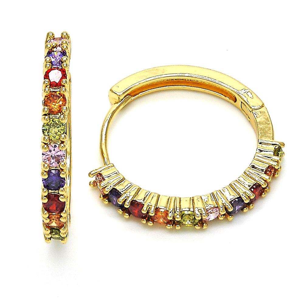 Oro Laminado Huggie Hoop, Gold Filled Style with Multicolor Cubic Zirconia, Polished, Golden Finish
