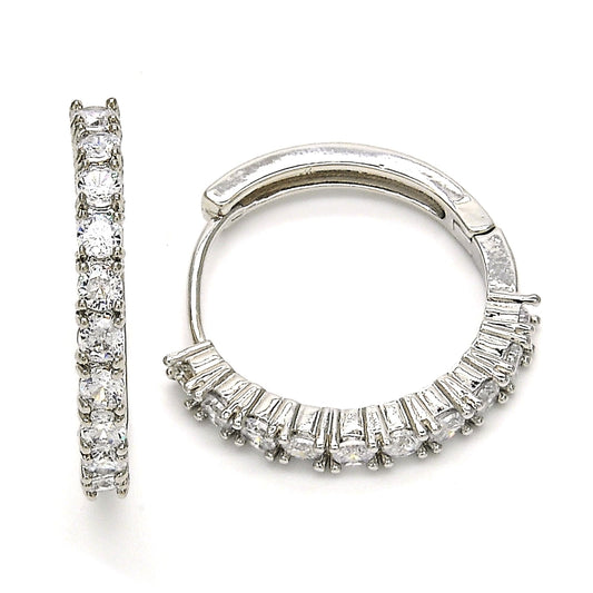 Rhodium Gold Filled Huggie Hoop, with White Cubic Zirconia, Polished, Rhodium Finish