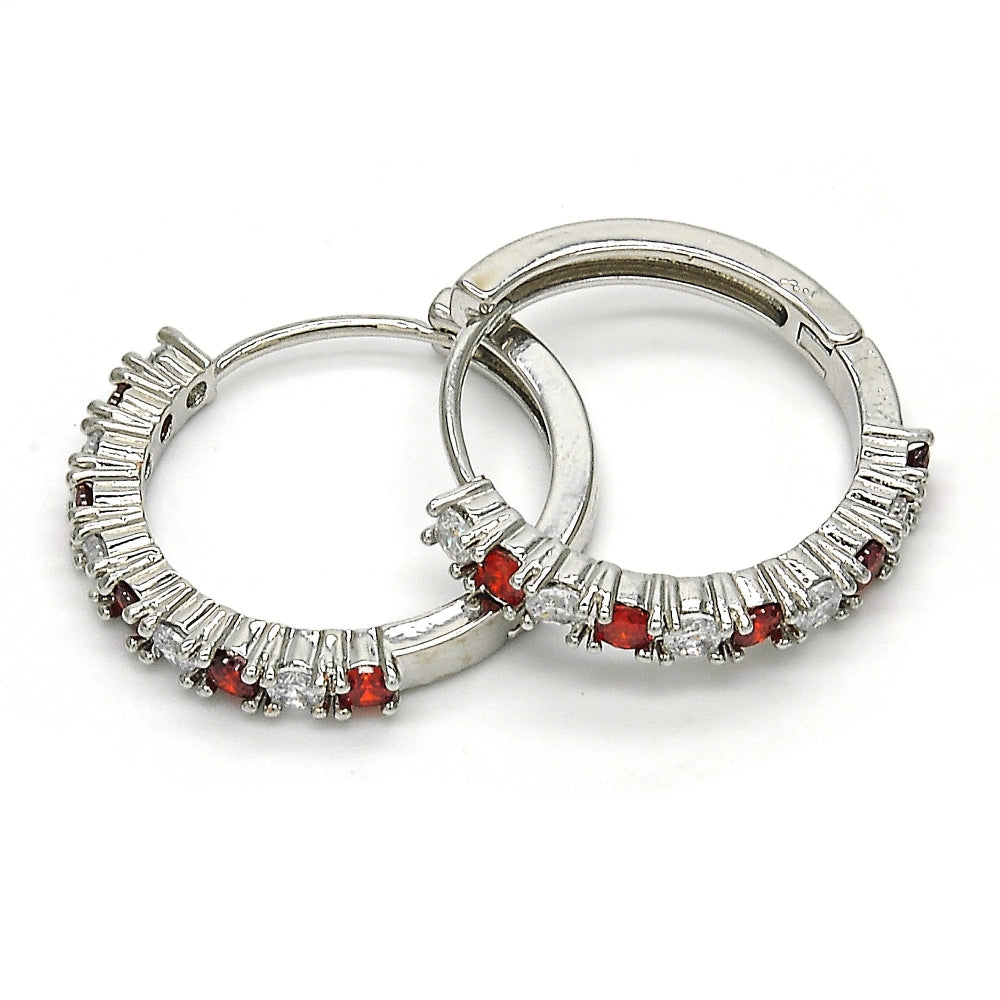 Rhodium Gold Filled Huggie Hoop, with Garnet and White Cubic Zirconia, Polished, Rhodium Finish