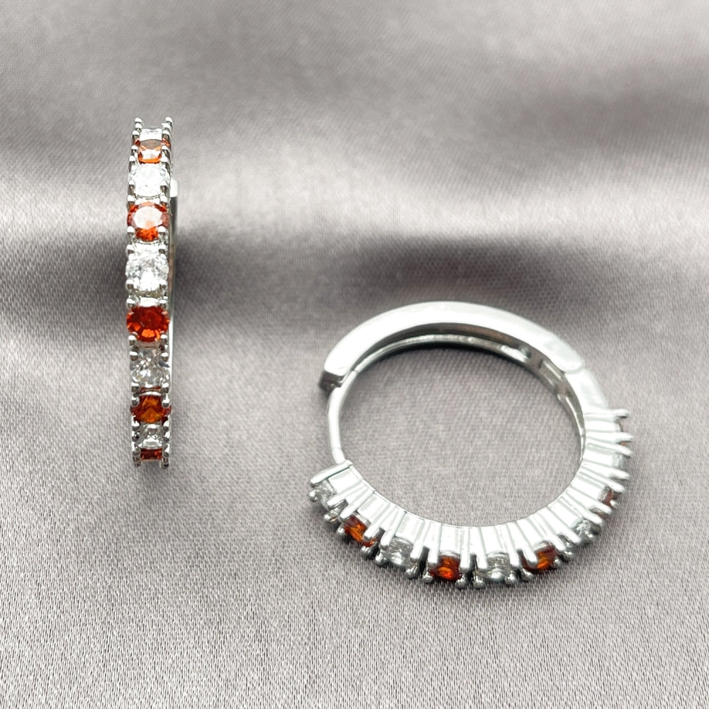 Rhodium Gold Filled Huggie Hoop, with Garnet and White Cubic Zirconia, Polished, Rhodium Finish