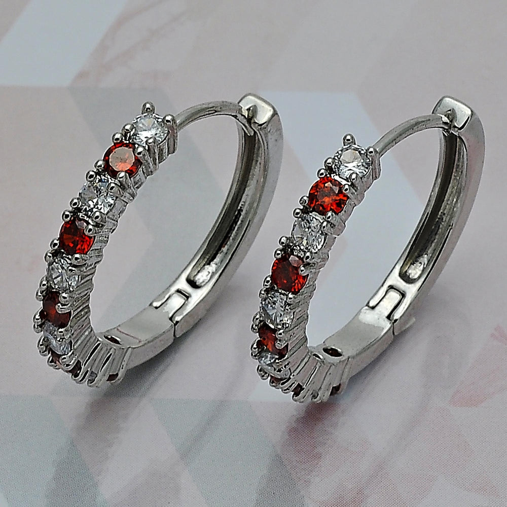 Rhodium Gold Filled Huggie Hoop, with Garnet and White Cubic Zirconia, Polished, Rhodium Finish