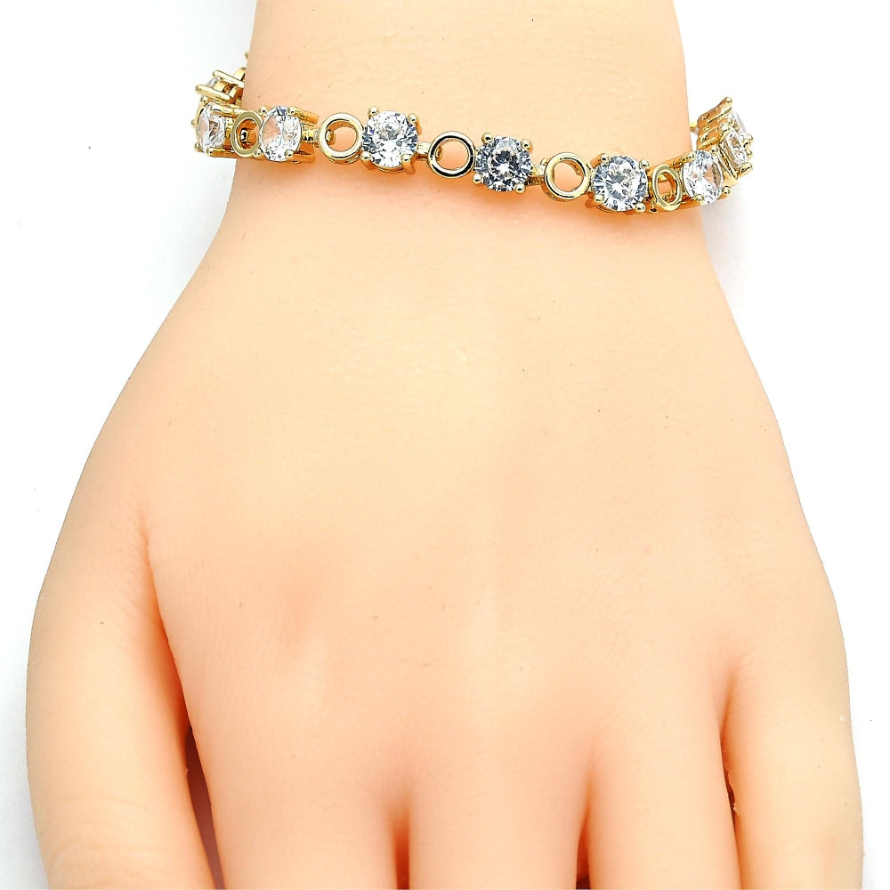 Oro Laminado Tennis Bracelet, Gold Filled Style Box Lock Design, with White Cubic Zirconia, Polished, Golden Finish
