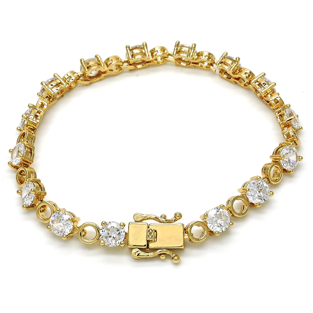 Oro Laminado Tennis Bracelet, Gold Filled Style Box Lock Design, with White Cubic Zirconia, Polished, Golden Finish
