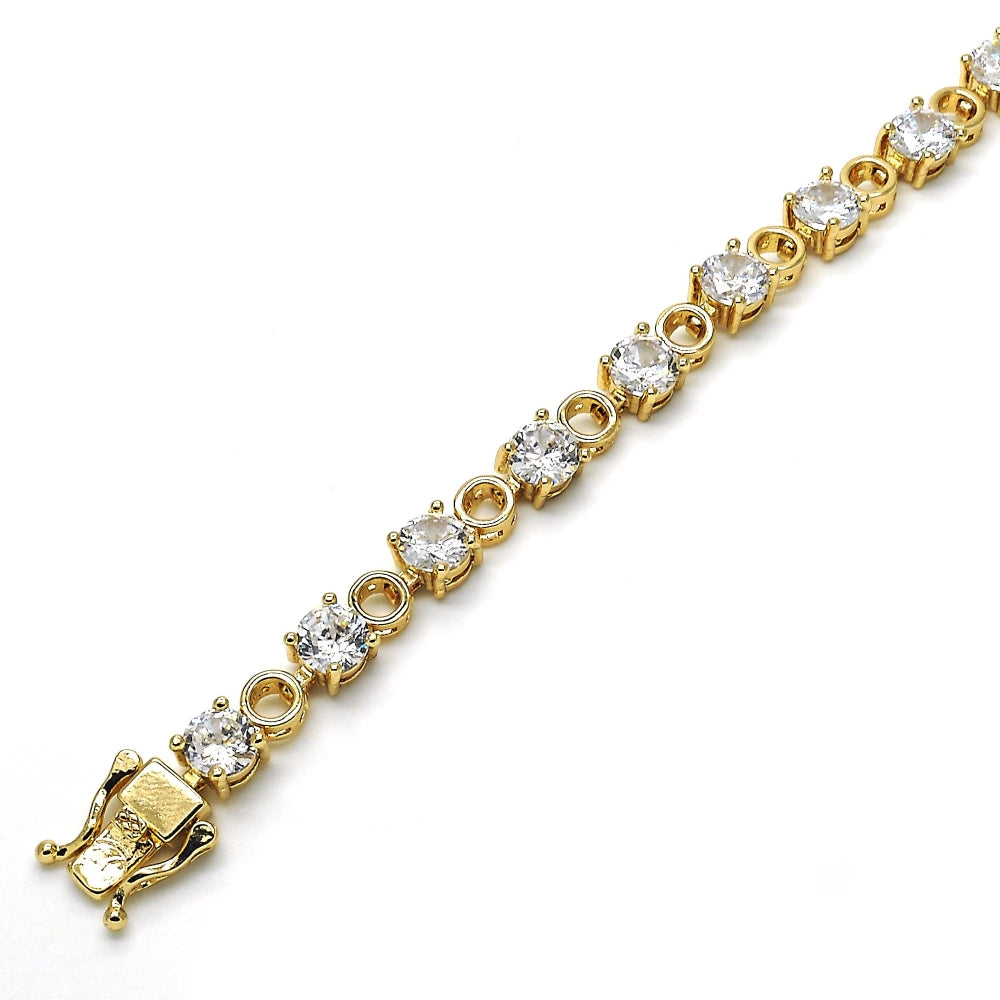 Oro Laminado Tennis Bracelet, Gold Filled Style Box Lock Design, with White Cubic Zirconia, Polished, Golden Finish