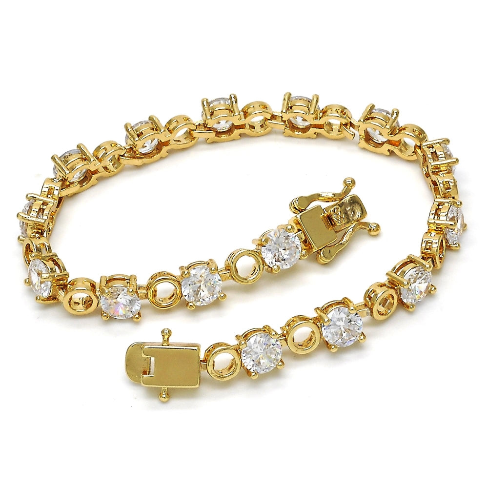 Oro Laminado Tennis Bracelet, Gold Filled Style Box Lock Design, with White Cubic Zirconia, Polished, Golden Finish