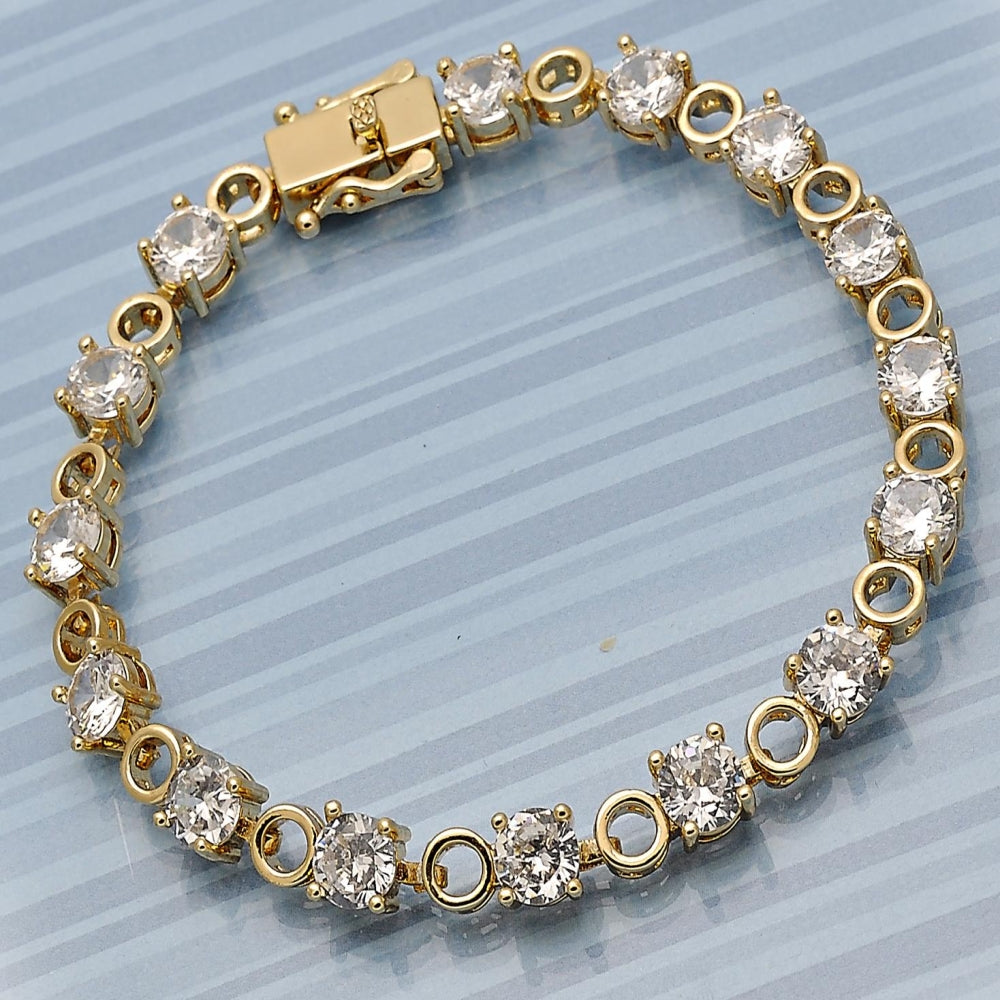 Oro Laminado Tennis Bracelet, Gold Filled Style Box Lock Design, with White Cubic Zirconia, Polished, Golden Finish