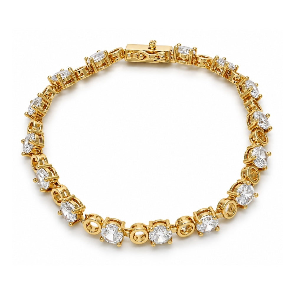 Oro Laminado Tennis Bracelet, Gold Filled Style Box Lock Design, with White Cubic Zirconia, Polished, Golden Finish