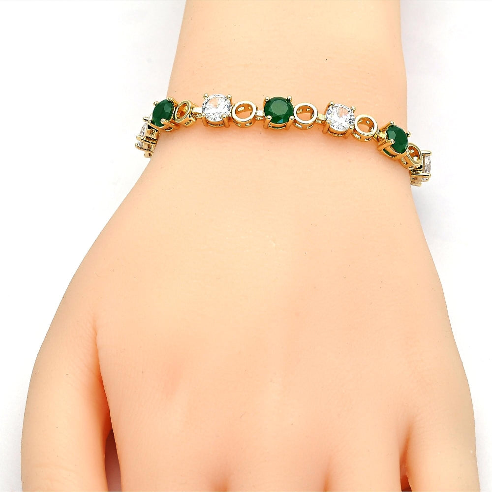 Oro Laminado Tennis Bracelet, Gold Filled Style Box Lock Design, with Green and White Cubic Zirconia, Polished, Golden Finish