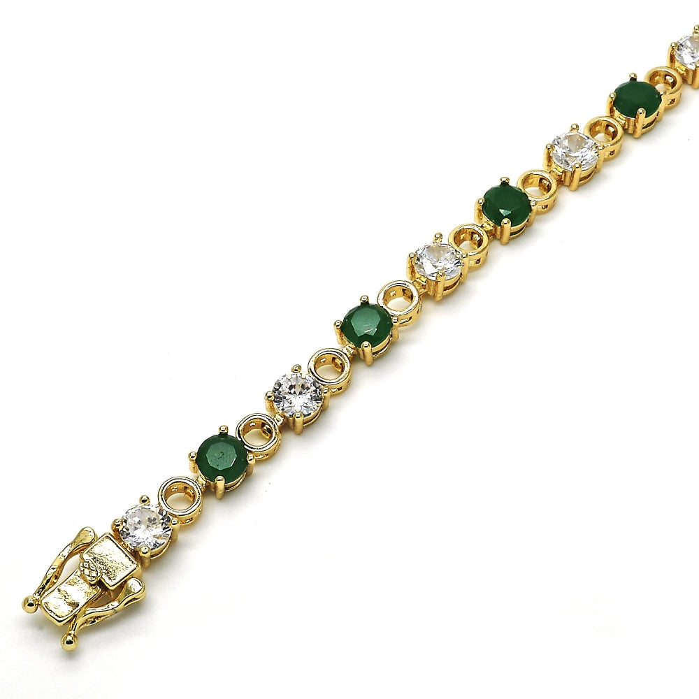 Oro Laminado Tennis Bracelet, Gold Filled Style Box Lock Design, with Green and White Cubic Zirconia, Polished, Golden Finish
