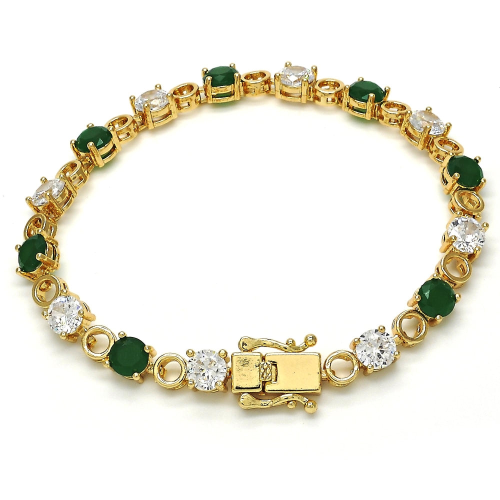 Oro Laminado Tennis Bracelet, Gold Filled Style Box Lock Design, with Green and White Cubic Zirconia, Polished, Golden Finish