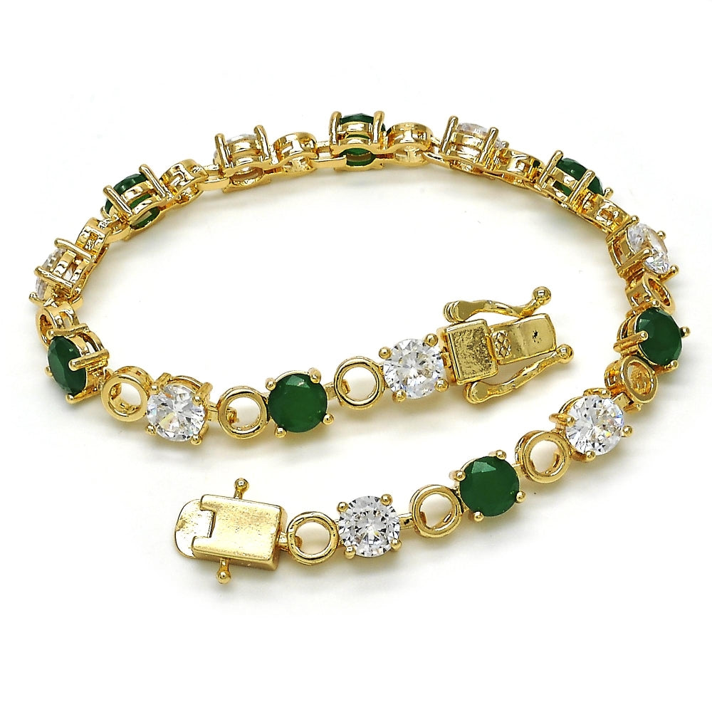 Oro Laminado Tennis Bracelet, Gold Filled Style Box Lock Design, with Green and White Cubic Zirconia, Polished, Golden Finish