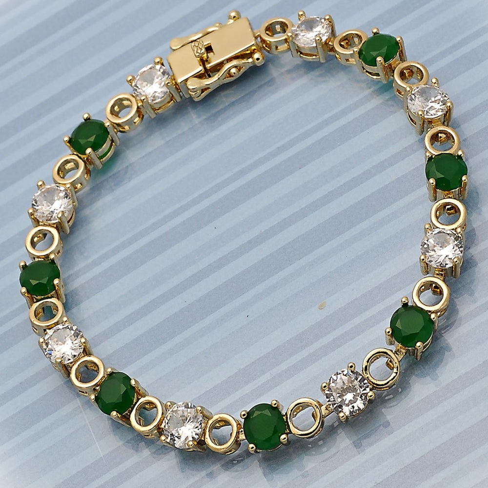 Oro Laminado Tennis Bracelet, Gold Filled Style Box Lock Design, with Green and White Cubic Zirconia, Polished, Golden Finish